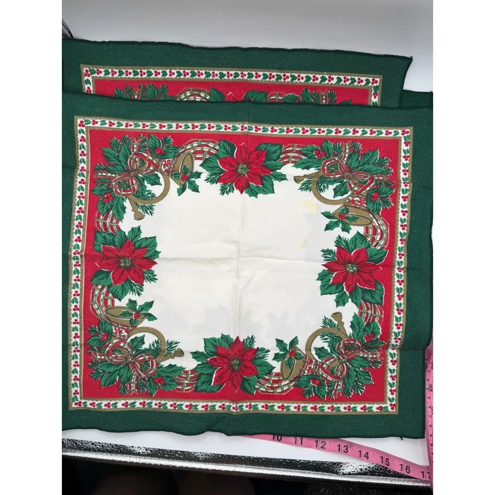 Vintage 90s Christmas‎ Tablecloth and 8 Napkins Set Poinsettia Bells Green Red